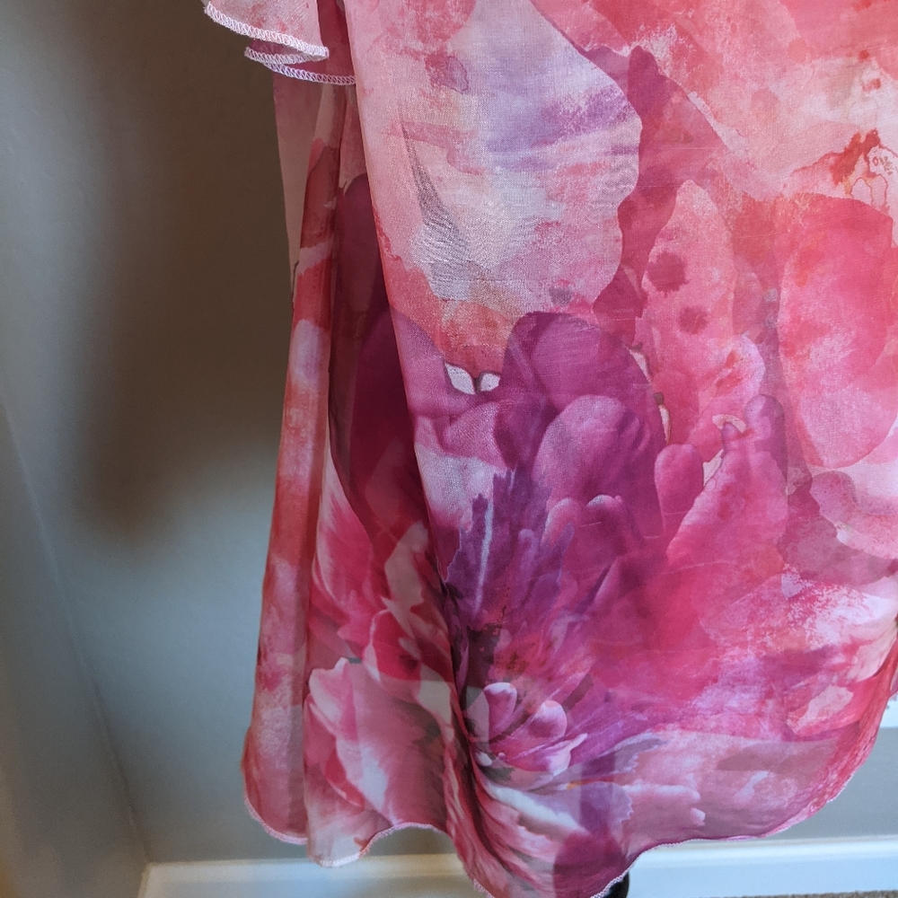 Floral Asymmetr Sheer Flow Blouse w/ Attached Solid Shirt Underneath by OneWorld - Picture 4 of 6